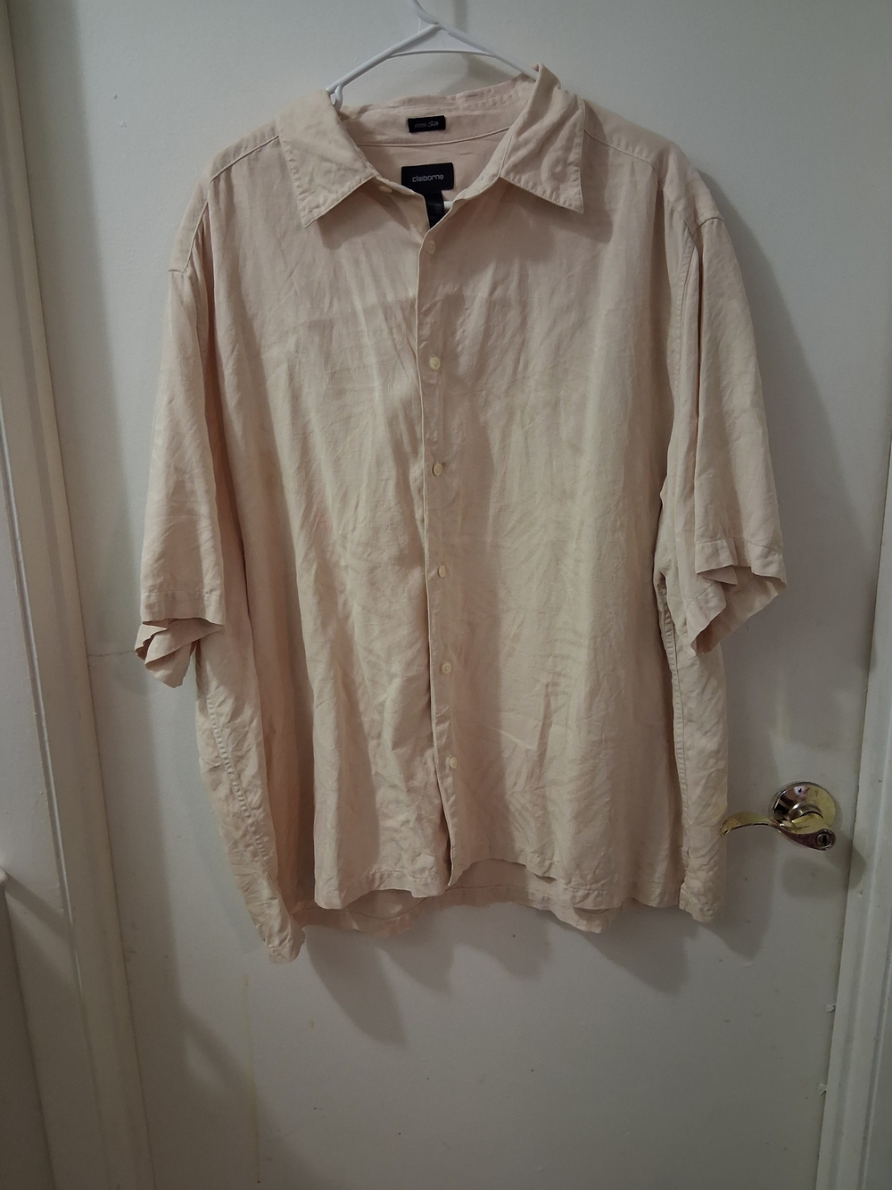 Claiborne Mens XL Beige Silk Woven Solid Short Sleeve Spread Collar Button-Up - Picture 3 of 6